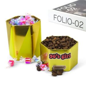Hexagonal metal candle tins and jars